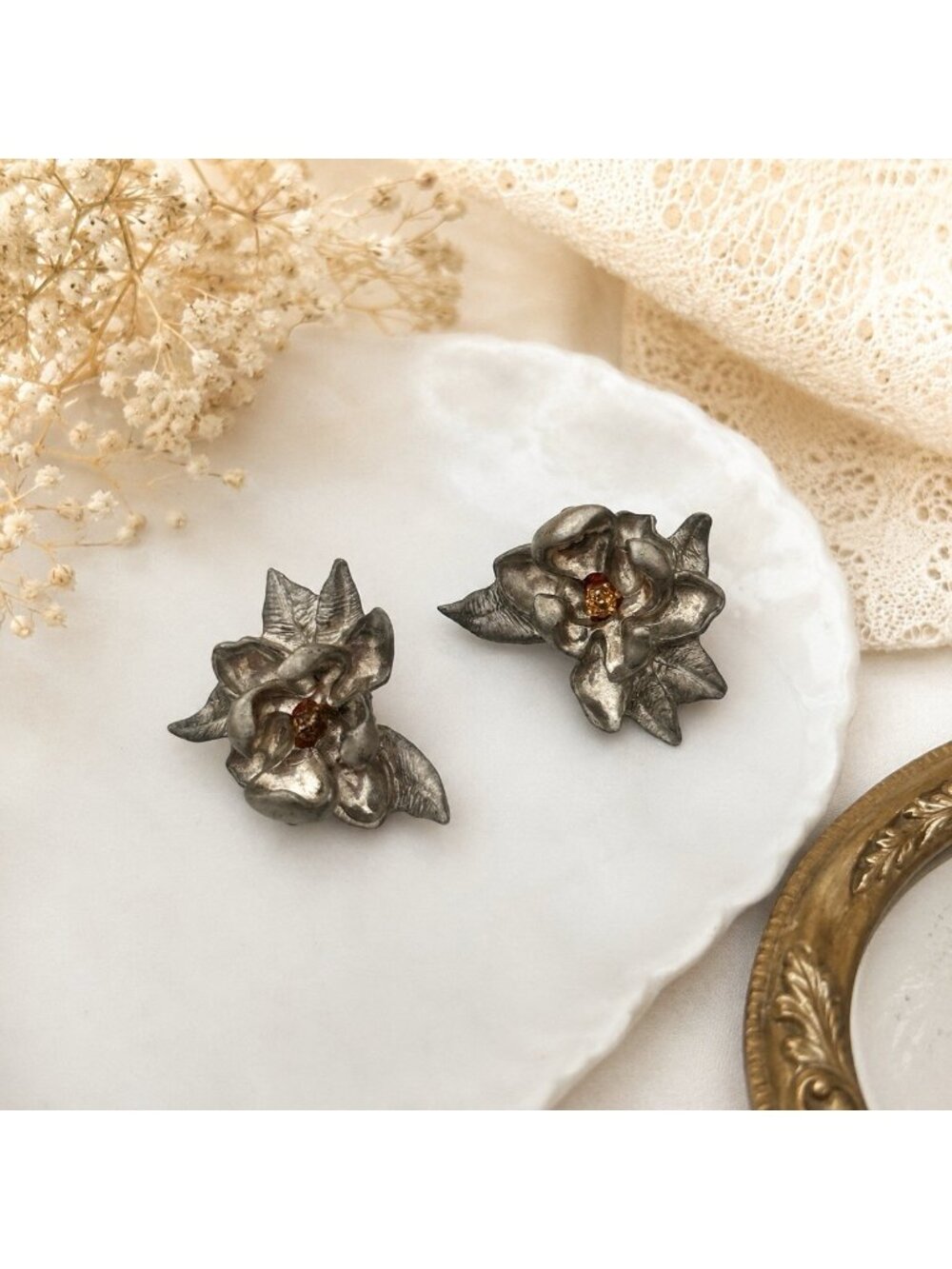 Vintage Maurice Milleur Pewter Floral Earrings Clip On Signed 18k Overlay Accent